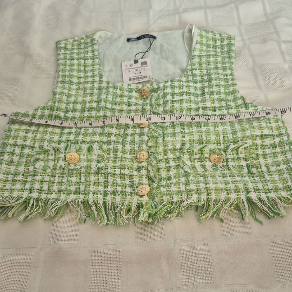 Zara Green and White Tweed Buttoned Blouse - Picture 12 of 16